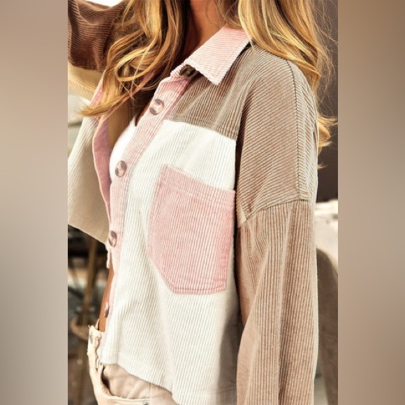 BiBi Pink and Brown Cream Fall Corduroy Utility Jacket - Picture 5 of 11